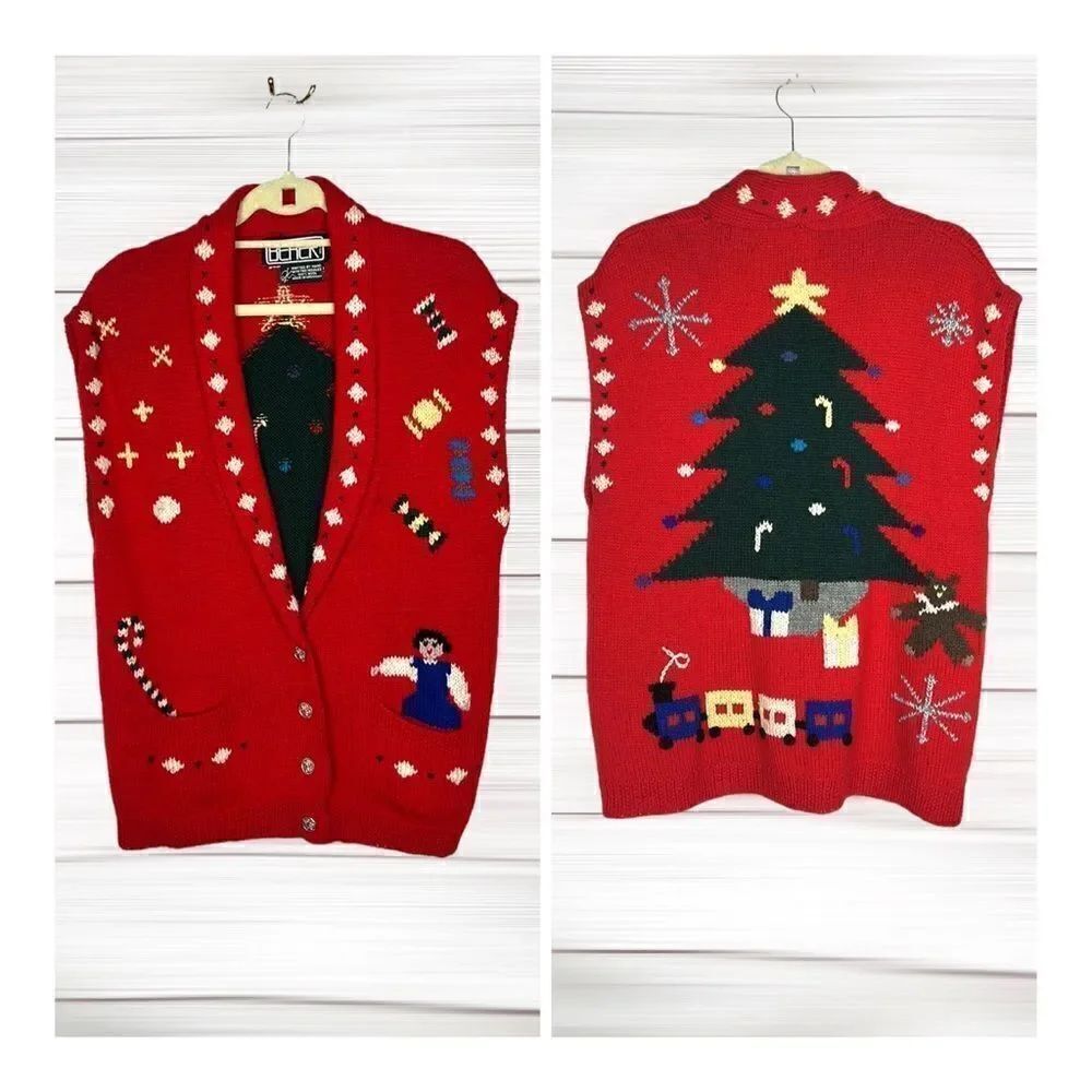 BEREK Vintage Hand Knit in Uruguay Christmas Holiday Red Wool Button Down Vest